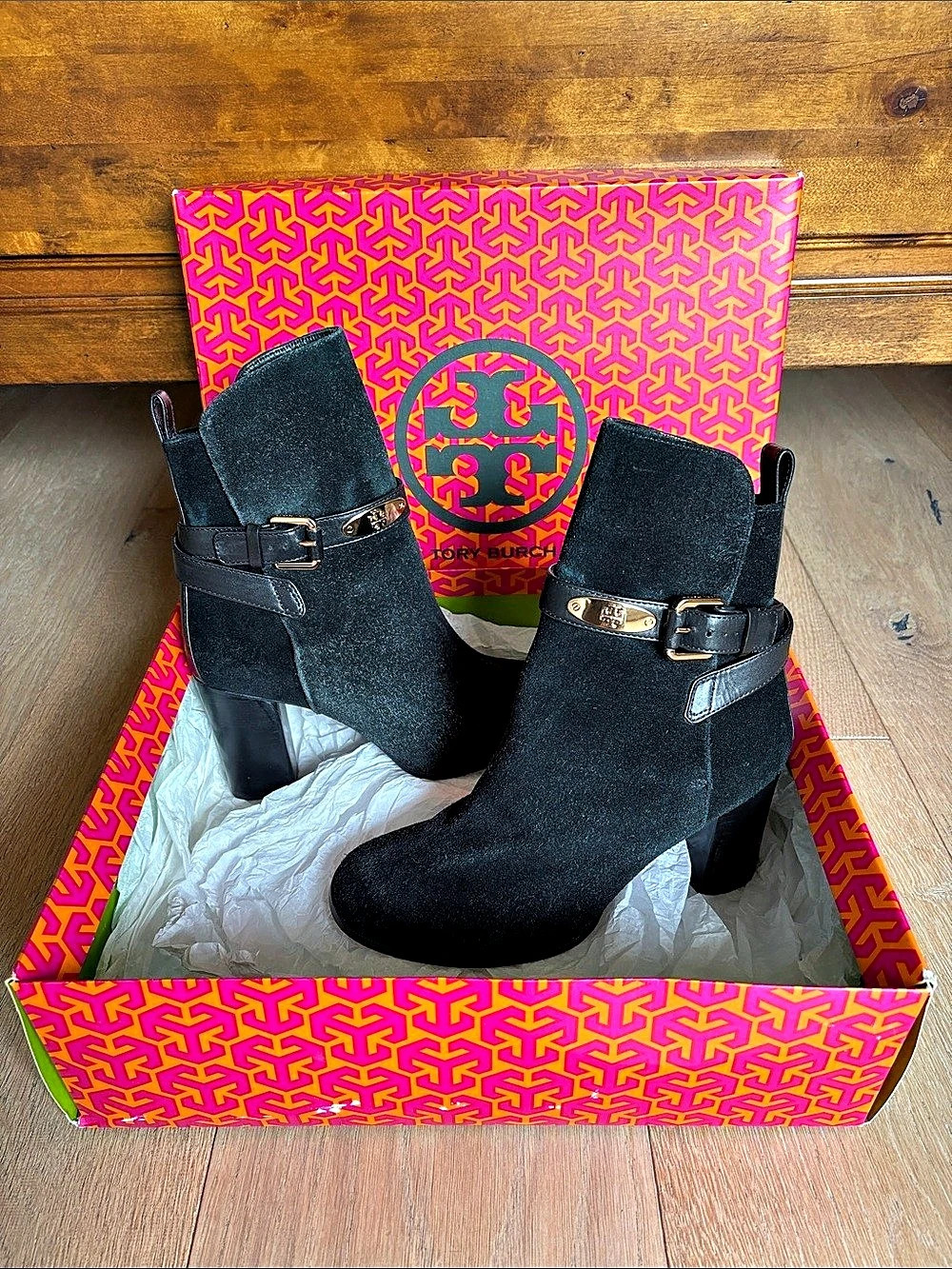 Tory Burch Black Suede Logo Plaque Buckle Booties US 7.5
